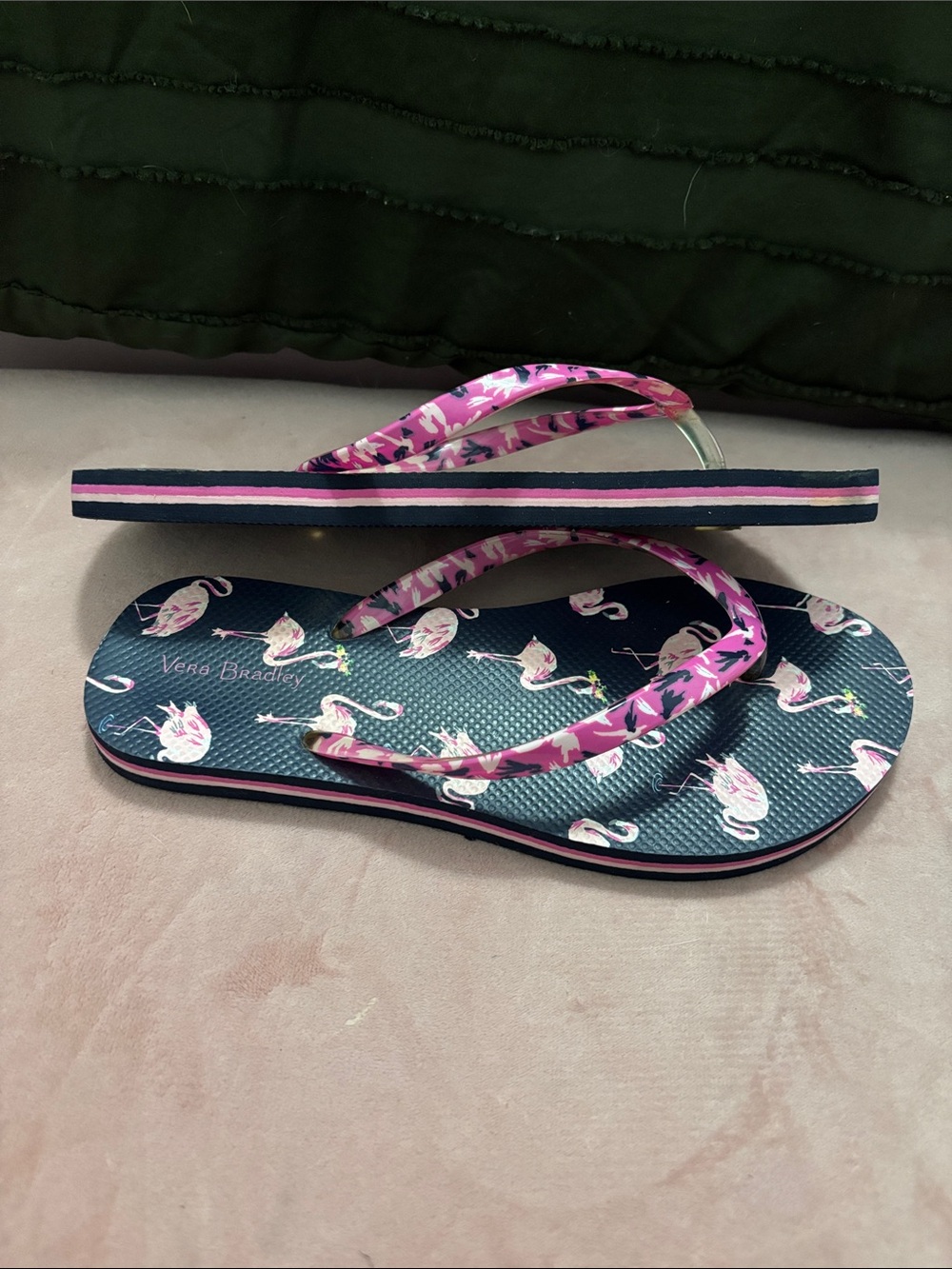Vera Bradley Navy Flip Flops with Pink Flamingo Print - Picture 3 of 3
